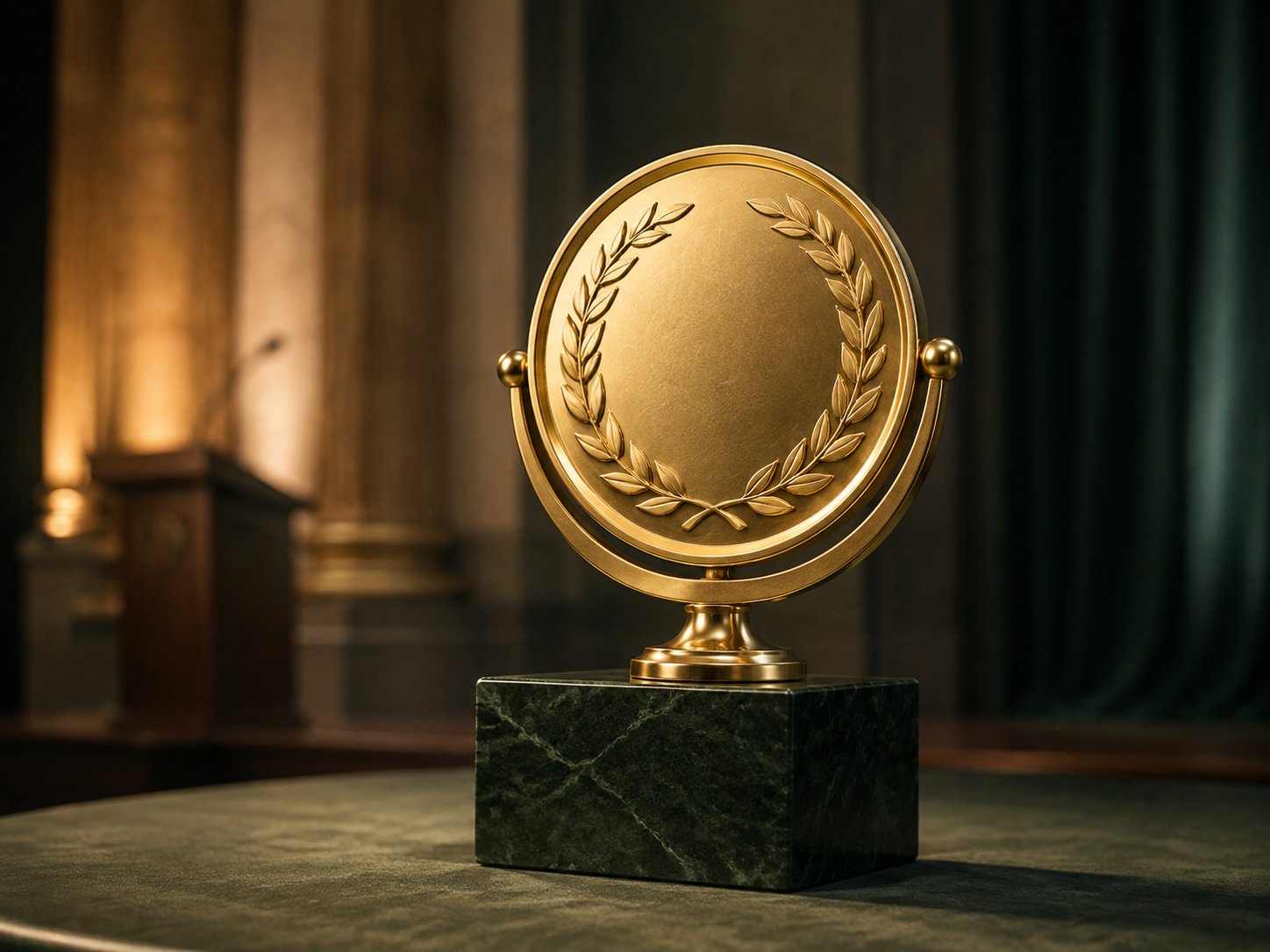 Gold recognition trophy in an elegant ceremonial setting